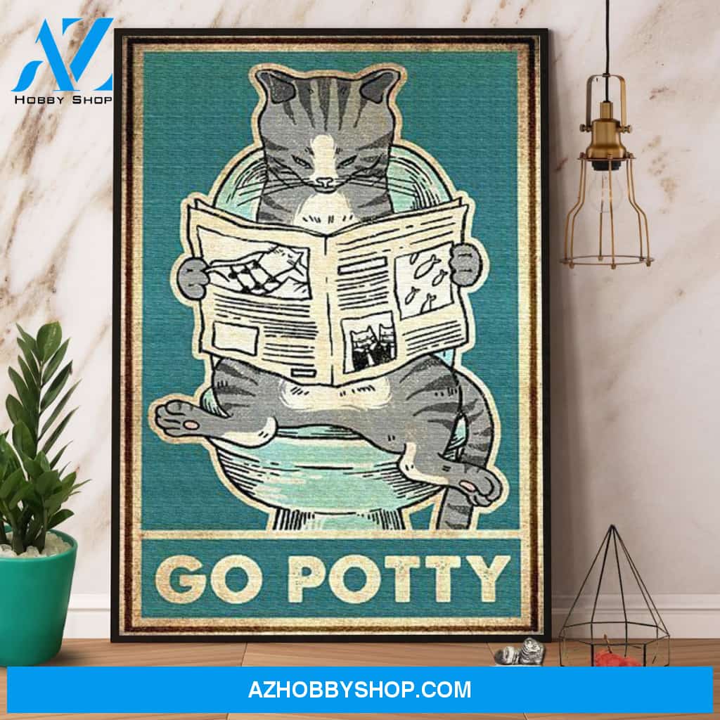 The Cat Sits On The Toilet And Reading A Newspaper Go Potty Canvas And Poster, Wall Decor Visual Art
