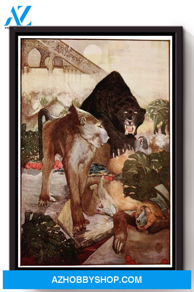 The Jungle Book Fairy Tales The Monkey Fight Illustrations By Edward Detmold Canvas And Poster, Wall Decor Visual Art, Halloween Gift, Happy Halloween