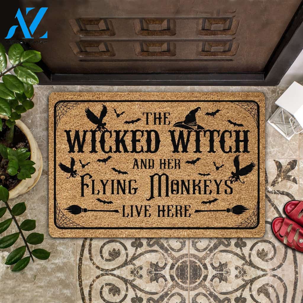 The Wicked Witch And Her Monkeys Live Here Halloween Funny Indoor And Outdoor Doormat Gift For Friend Family Decor Warm House Gift Welcome Mat