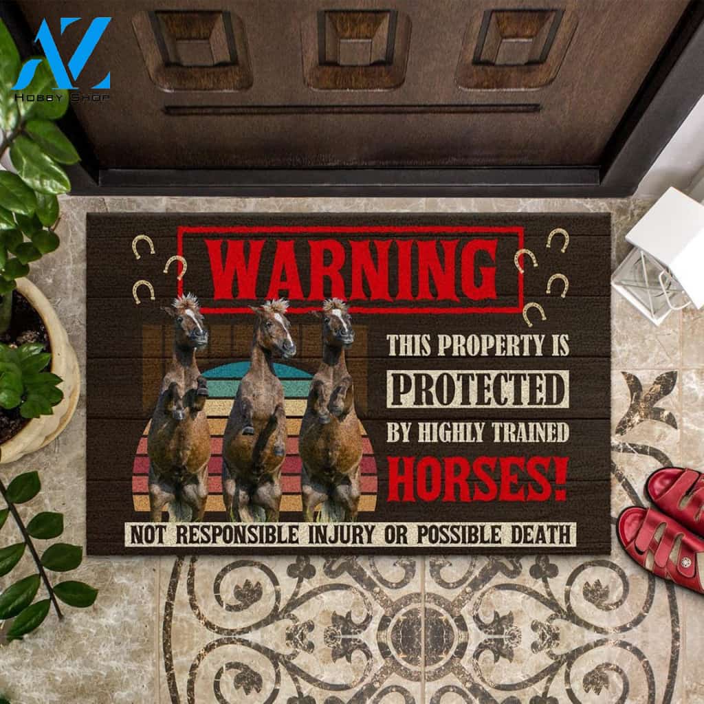 This Property Is Protected By Highly Trained Horses Easy Clean Welcome DoorMat | Felt And Rubber | DO2377