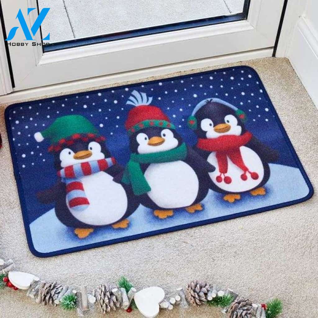 Three Frosty Penguins Christmas Doormat Indoor And Outdoor Mat Entrance Rug Sweet Home Decor Housewarming Gift Gift Friend Family Christmas Holiday