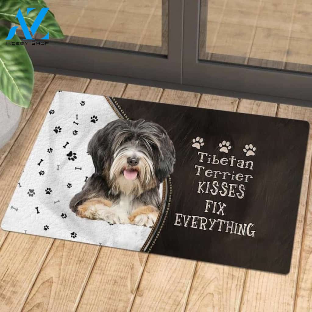Tibetan Terrier Doormat, Kisses Fix Everything Doormat, Dog Welcome Mat, Funny Welcome Mats for Dogs Lovers