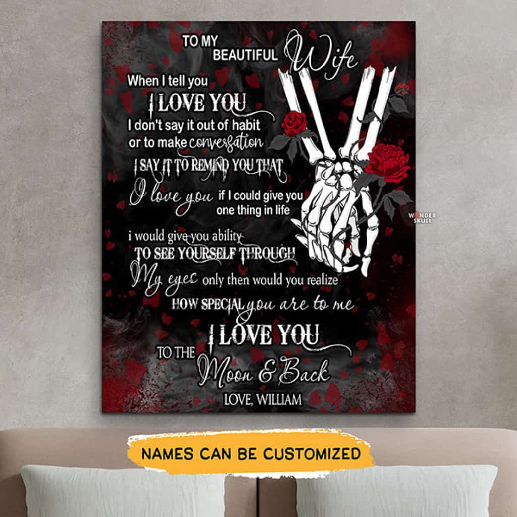 To My Beautiful Wife - Gothic Skull Couple Hold Hands Valentine Wedding Anniversary Canvas Gallery Wraps Gift