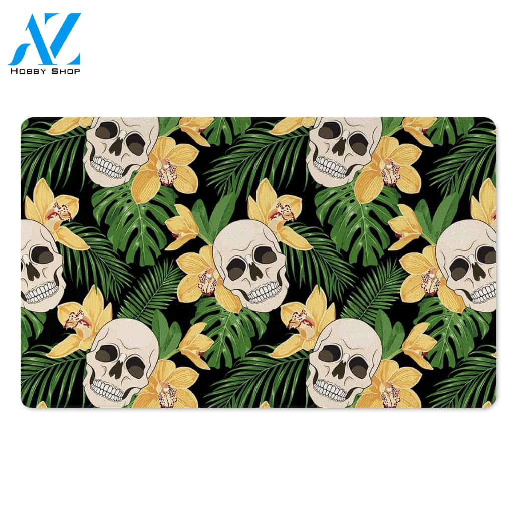 Tropical Floral Skull Door Mat