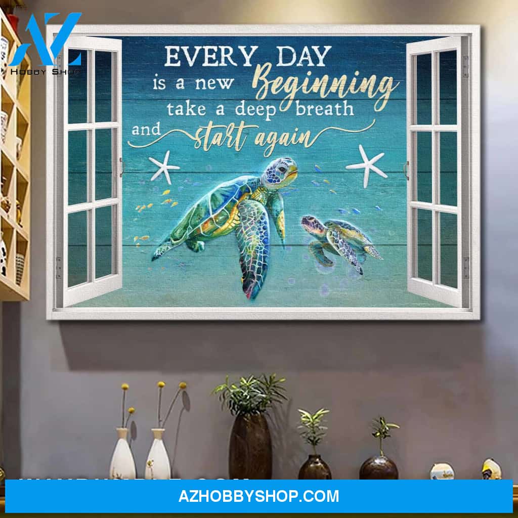 Turtle by the window - Everyday is a new beginning Landscape Canvas Prints, Wall Art