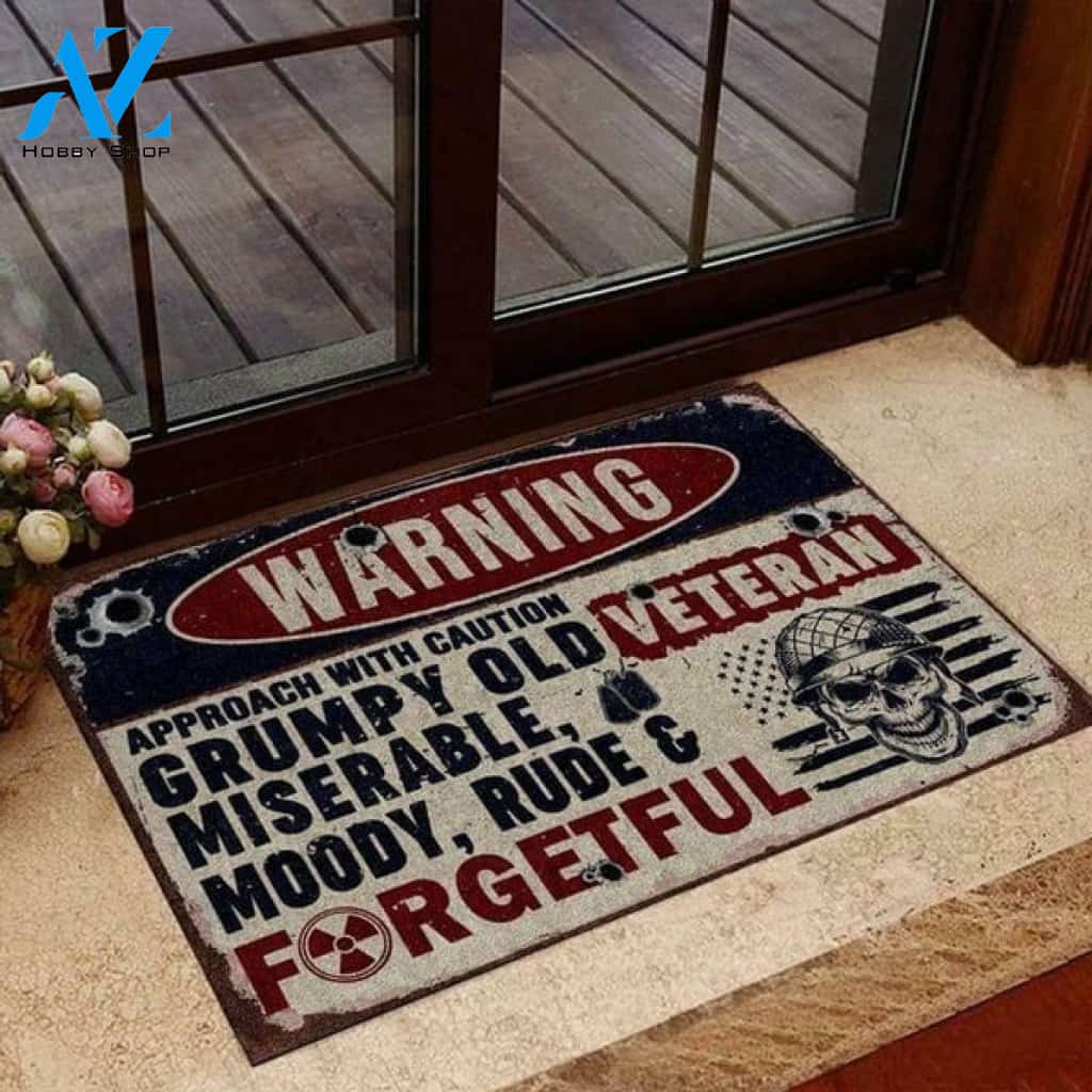 Us Veteran Vintage Skull Soldier Warning Grumpy Old Veteran Doormat Housewarming Gift Family Welcome Mat Gift for Friend Family