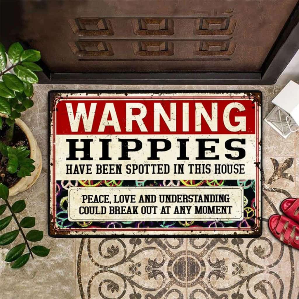 Entryway Mats Outdoor, Warning Hippies Have Been Spotted In This House Doormat Peace Symbols Door Mat New Home Gifts, Outdoor Front Door Mats