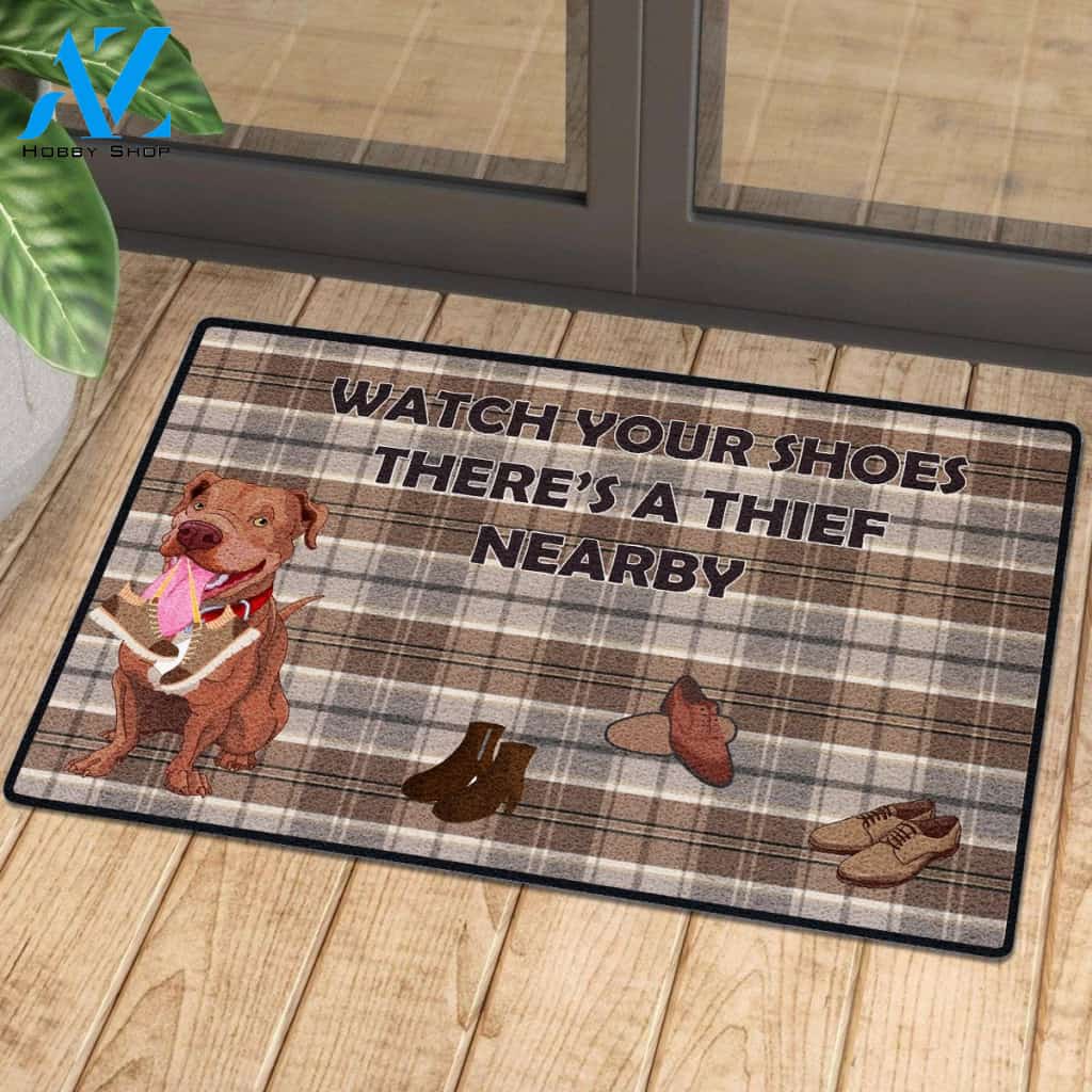 Watch Out Your Shoes Mat Brown Pitbull 2 | Welcome Mat | House Warming Gift