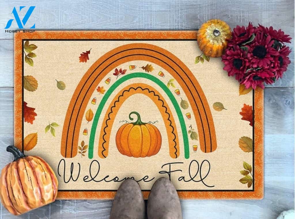 Welcome Fall Rainbow Pumpkin Thanksgiving Doormat Gift For Friend Family Home Decor Warm House Gift Welcome Mat Halloween Decor