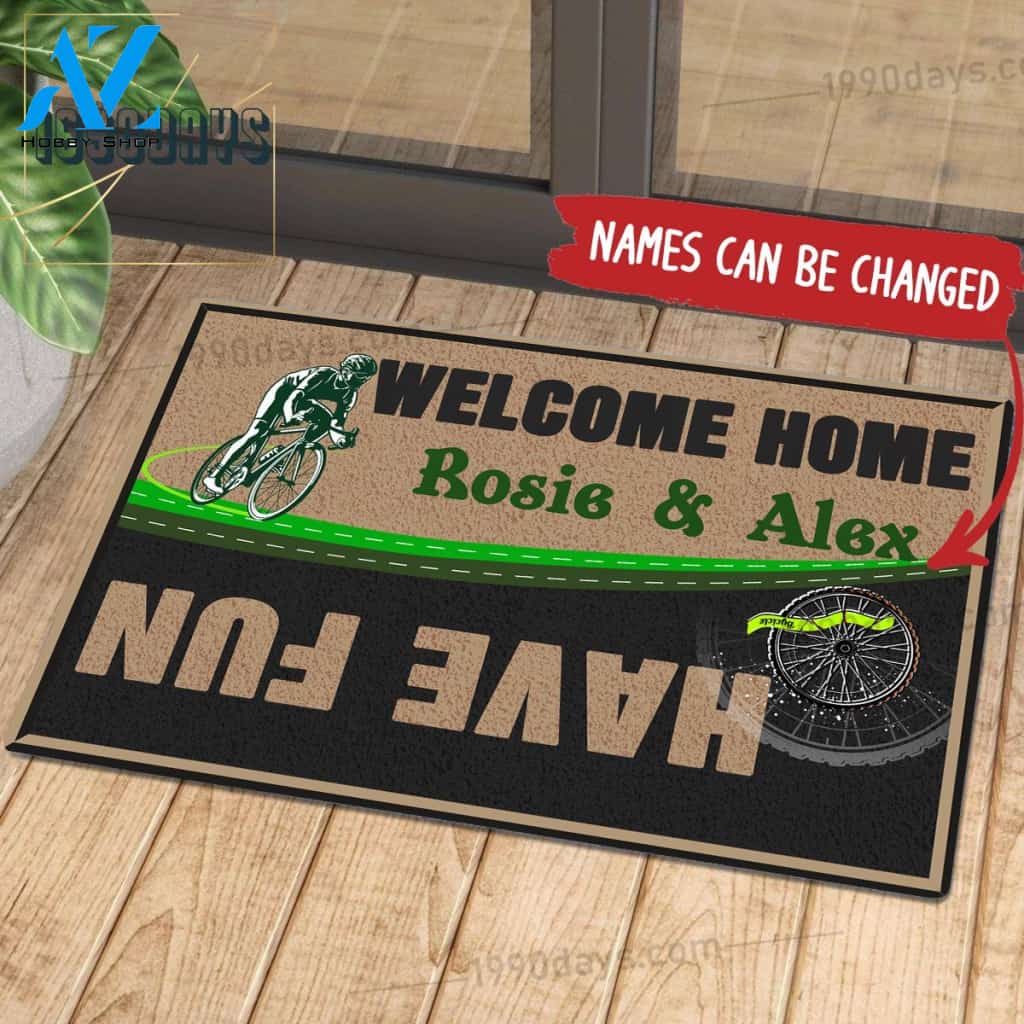 Welcome Home Have Fun Cycling Doormat Customize Your Name Black & White Green Indoor Outdoor Saint Patrick's Day Personalized Mat | Welcome Mat | House Warming Gift