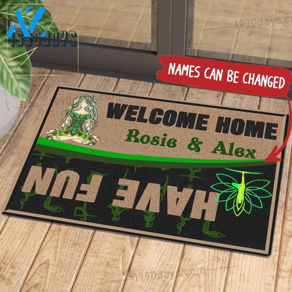 Welcome Home Have Fun Yoga Doormat Customize Your Name Black & White Green Indoor Outdoor Saint Patrick's Day Personalized Mat | Welcome Mat | House Warming Gift