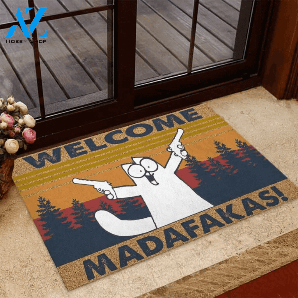 Welcome Madafakas White Cat Coir Pattern Print Doormat | Welcome Mat | House Warming Gift