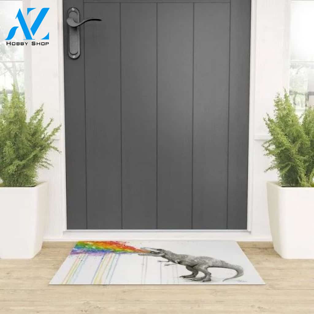 Welcome Mat | T-rex Dinosaur Rainbow Puke Taste The Rainbow Watercolor