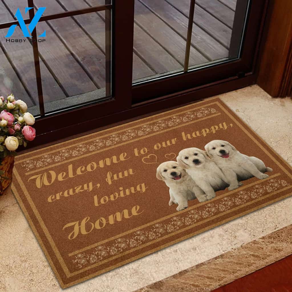 Welcome To Our Happy Crazy Fun Loving Home Indoor And Outdoor Doormat Warm House Gift Welcome Mat Gift For Dog Lovers Birthday Gift