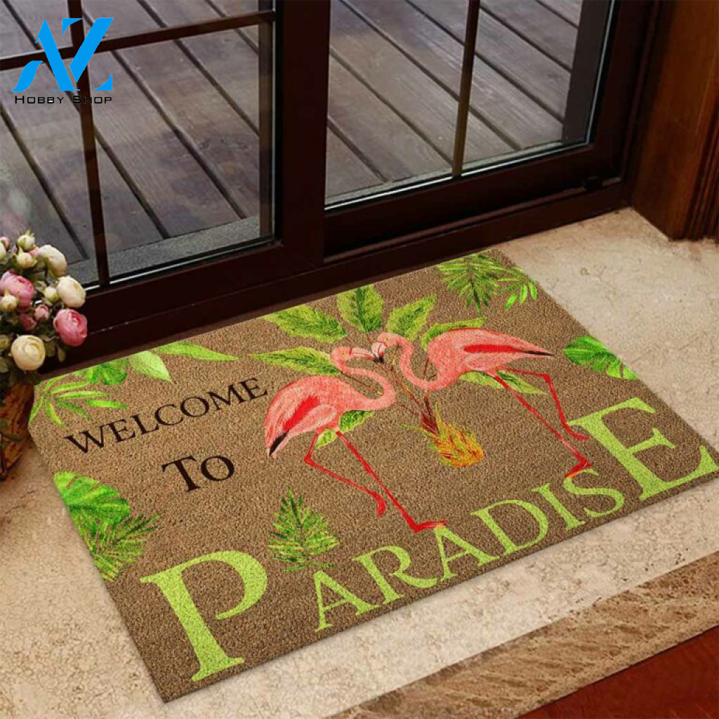 Welcome To Paradise Flamingo Coir Pattern Print Doormat | Welcome Mat | House Warming Gift
