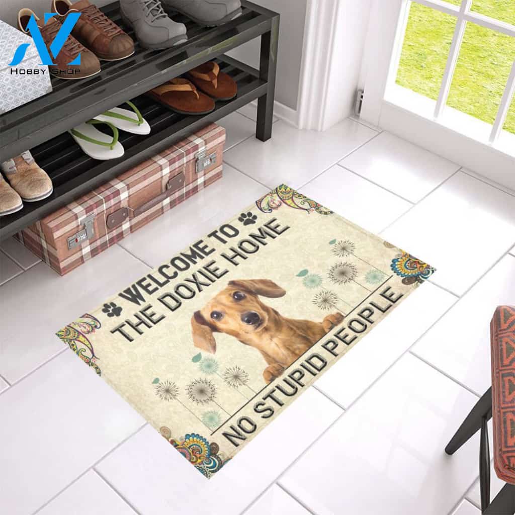 Welcome To The Doxie Home No Stupid People Doormat Welcome Mat Housewarming Gift Home Decor Funny Doormat Gift For Dog Lovers