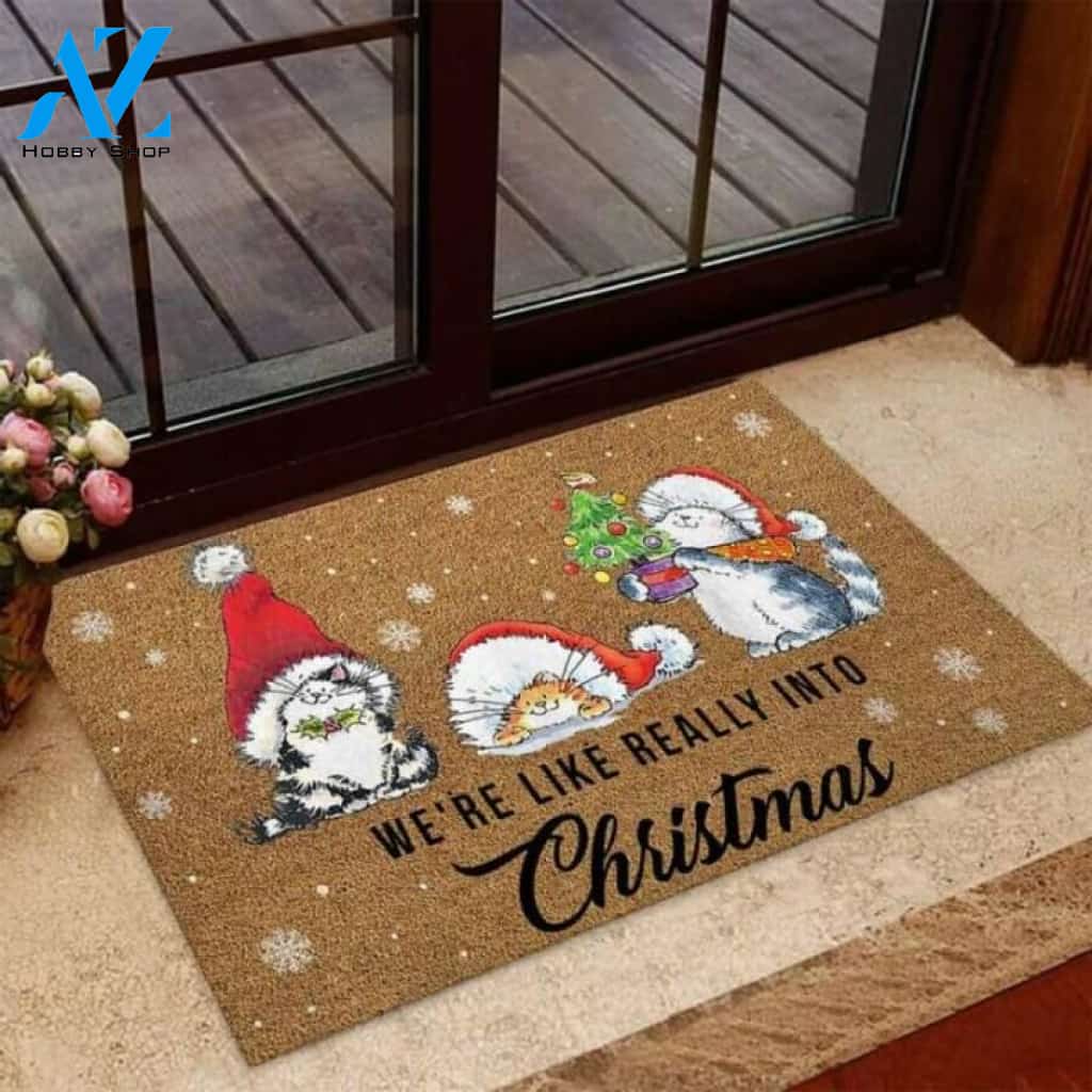 We're Like Really Into Christmas Cat Coir Pattern Print Doormat | Welcome Mat | House Warming Gift
