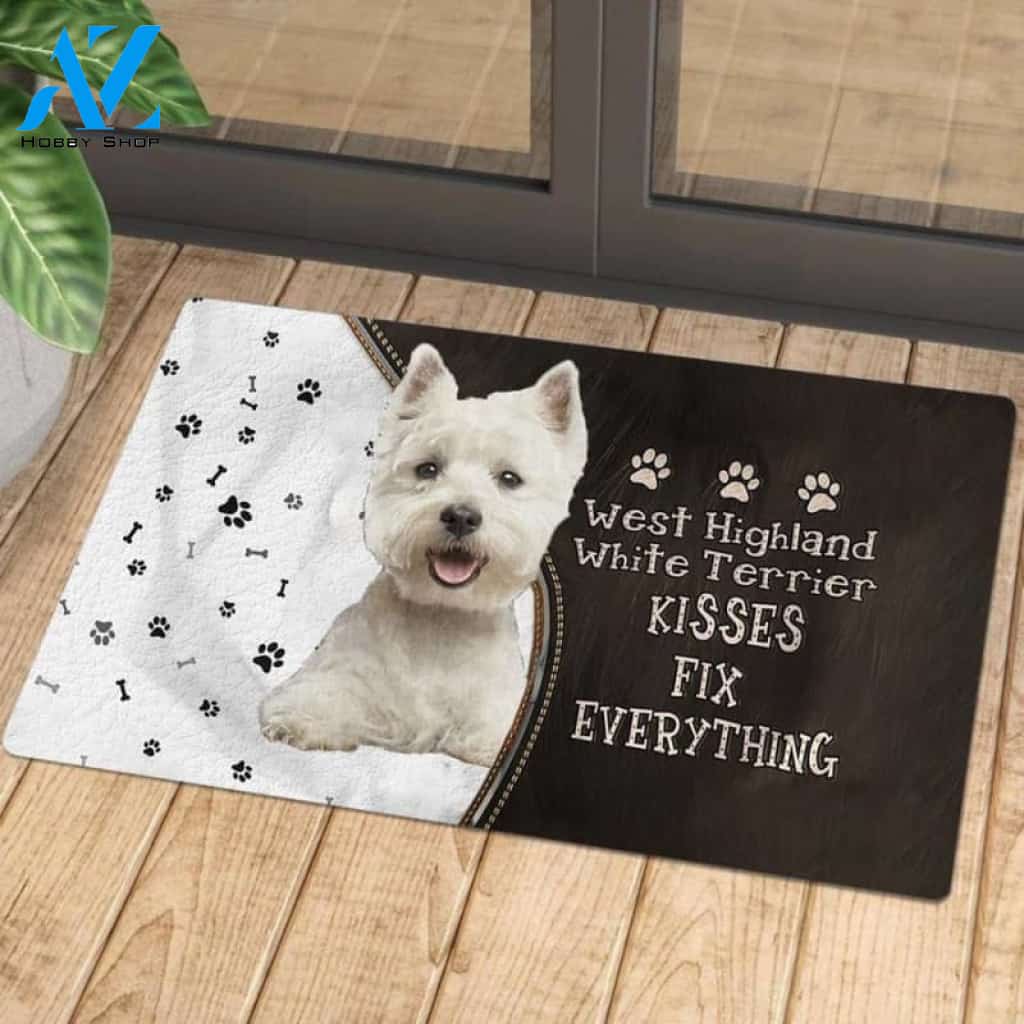 Westhighland White Terrier Doormat, Kisses Fix Everything Doormat, Dog Welcome Mat, Funny Welcome Mats for Dogs Lovers