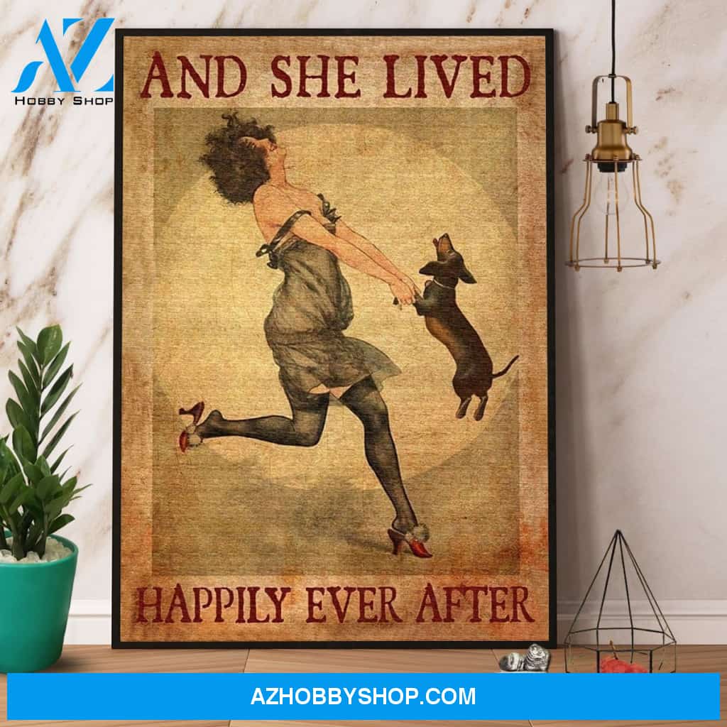Woman And Dachshund And She Lived Happily Ever After Canvas And Poster, Wall Decor Visual Art