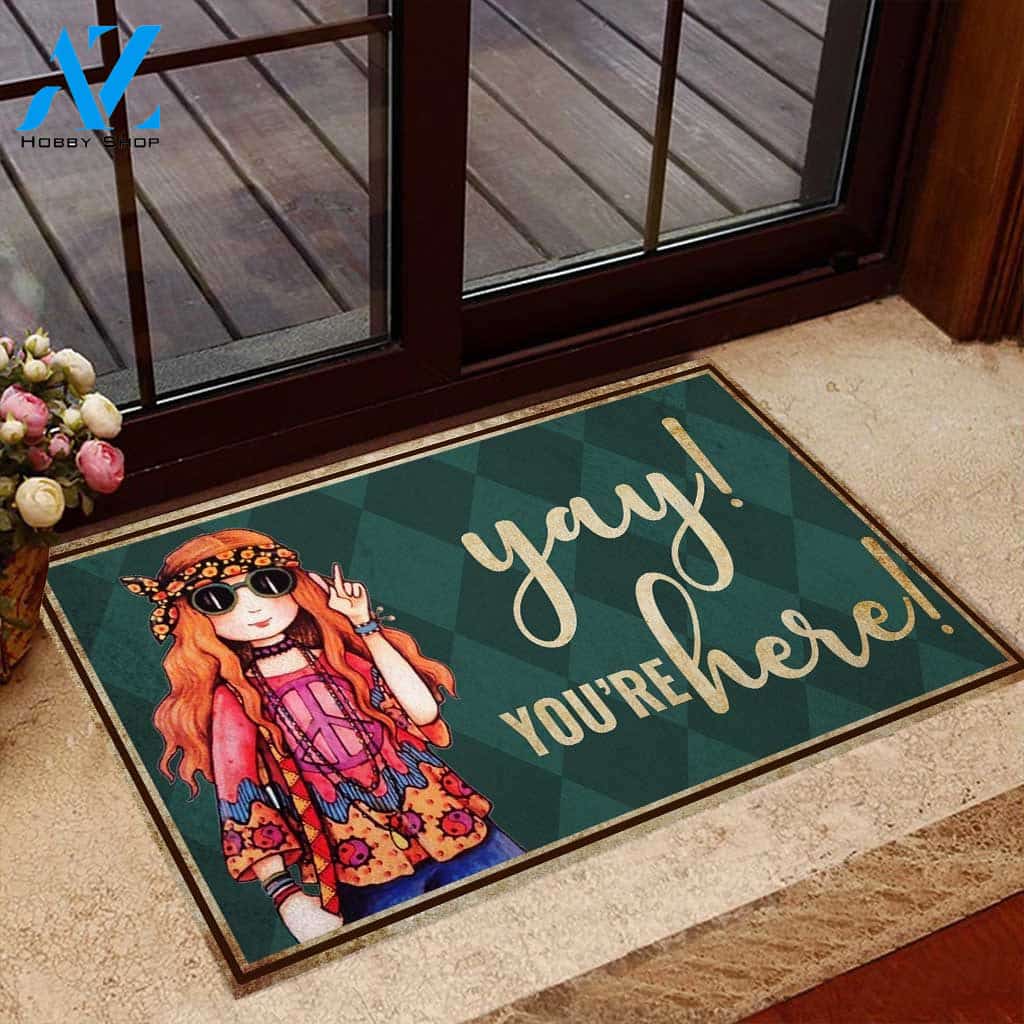 Yay You're Here Hippie Doormat Welcome Mat House Warming Gift Home Decor Funny Doormat Gift Idea