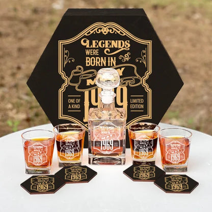 Personalized Whiskey Decanter Set, Engraved Wooden Gift Box (Birthday - May,1969)