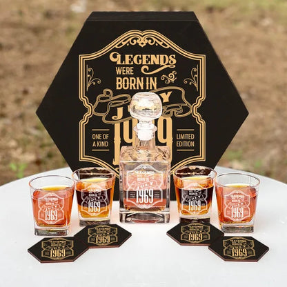 Personalized Whiskey Decanter Set, Engraved Wooden Gift Box (Birthday - July,1969)