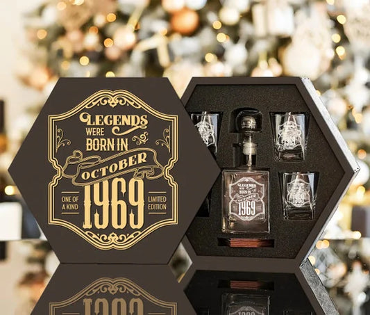 Personalized Whiskey Decanter Set, Engraved Wooden Gift Box (Birthday - October,1969)