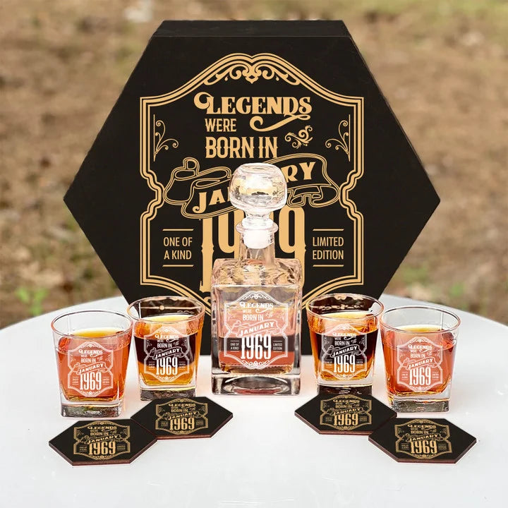 Personalized Whiskey Decanter Set, Engraved Wooden Gift Box (Birthday - January,1969)