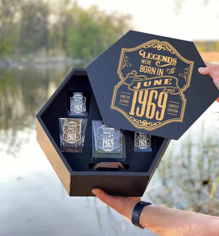 Personalized Whiskey Decanter Set, Engraved Wooden Gift Box (Birthday - June,1969)