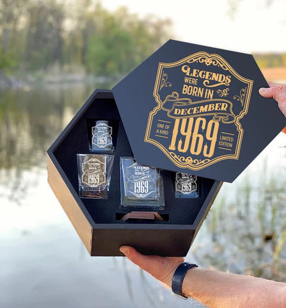 Personalized Whiskey Decanter Set, Engraved Wooden Gift Box (Birthday - December,1969)