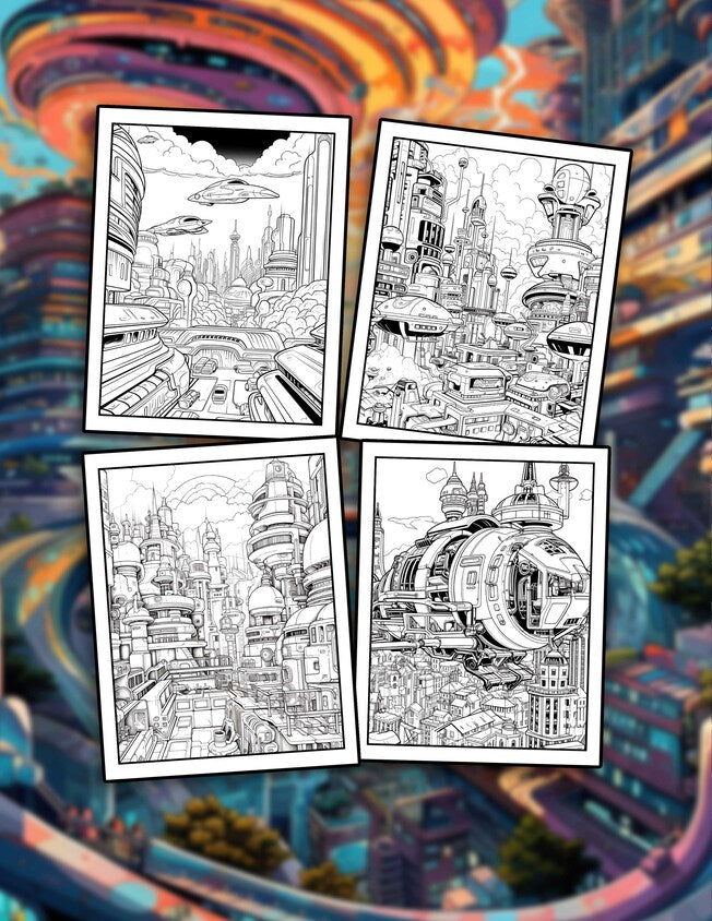 Futuristic City 30 Pages Printable Coloring Book