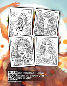 Hippie Girls 30 Pages Printable Coloring Book