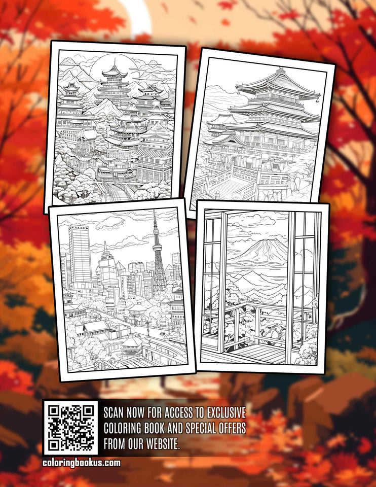 Travel to Japan 30 Pages Printable Coloring Book