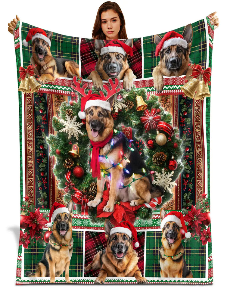 German Shepherd Christmas Blanket – Santa Dog Plaid Holiday Throw