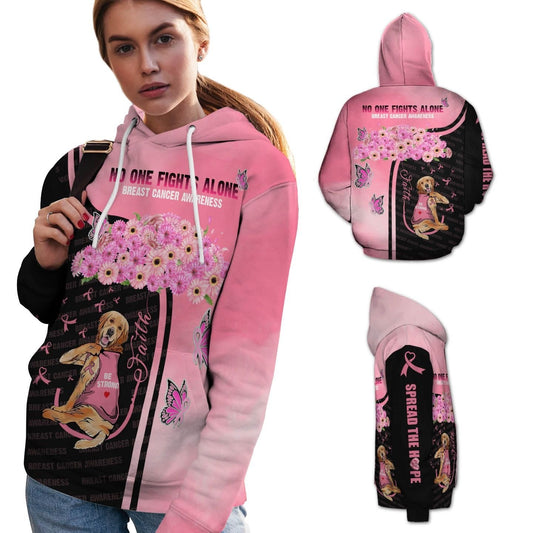 No One Fights Alone Golden Retriever Breast Cancer Survivor And People Showing Support All Over Print Unisex Hoodie