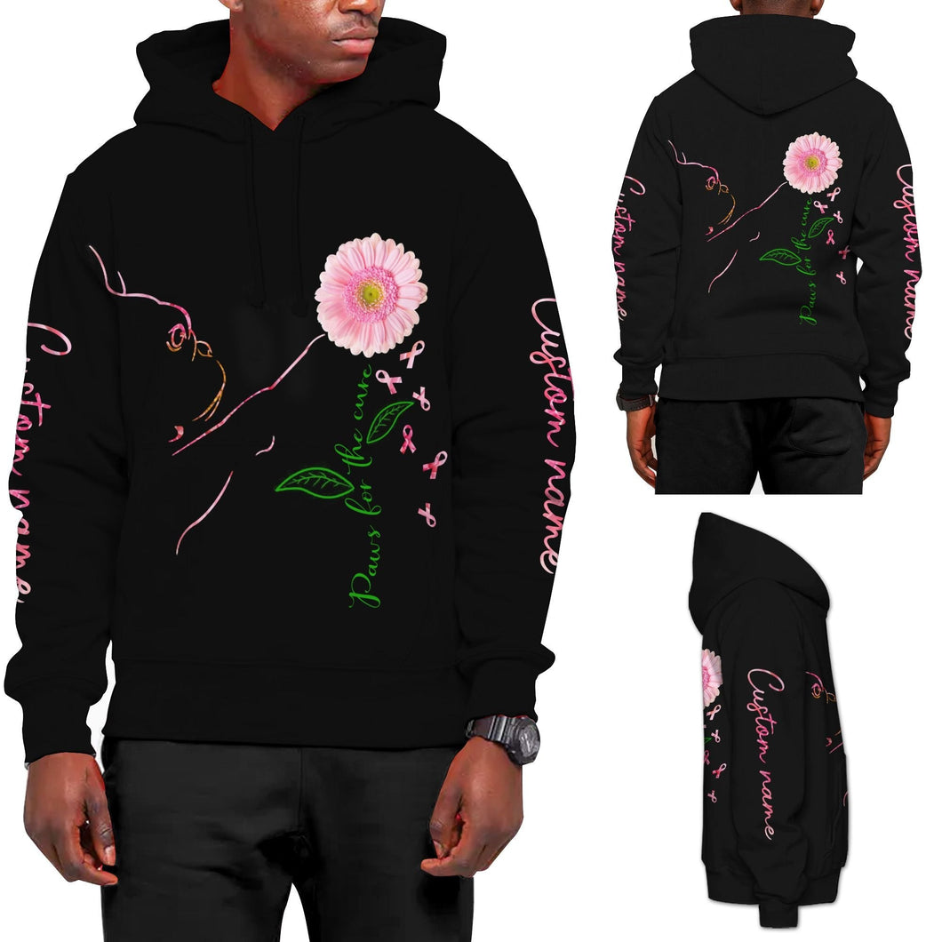 Paws For The Cure Breast Cancer Awareness French Bulldog Pink Gerbera Daisy Personalized Name All Over Print Unisex Hoodie