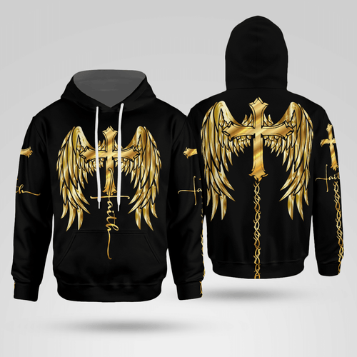 Golden Faith Cross Wings Jesus Christian - Christ - Jesus - God 3D All Over Print Unisex Hoodie US Size