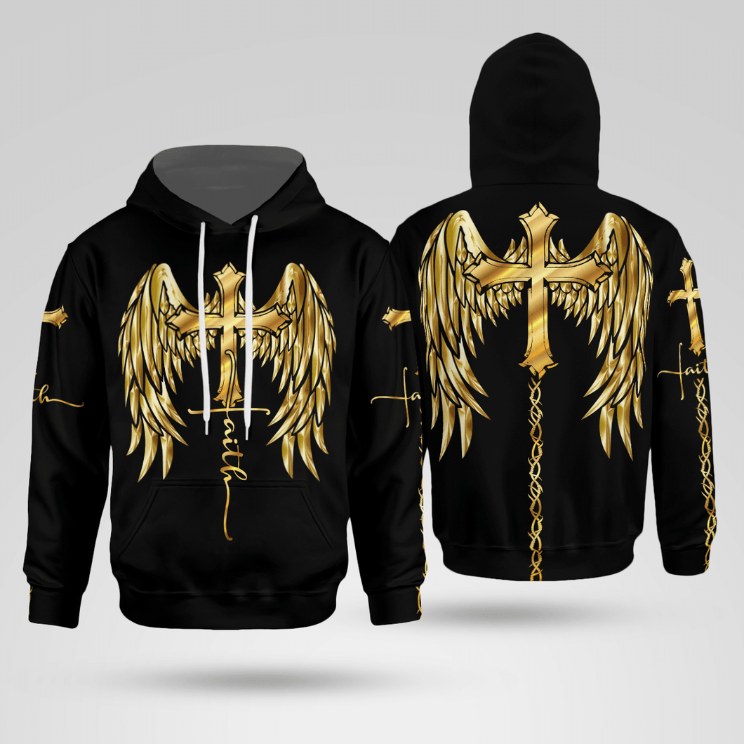 Golden Faith Cross Wings Jesus Christian - Christ - Jesus - God 3D All Over Print Unisex Hoodie US Size