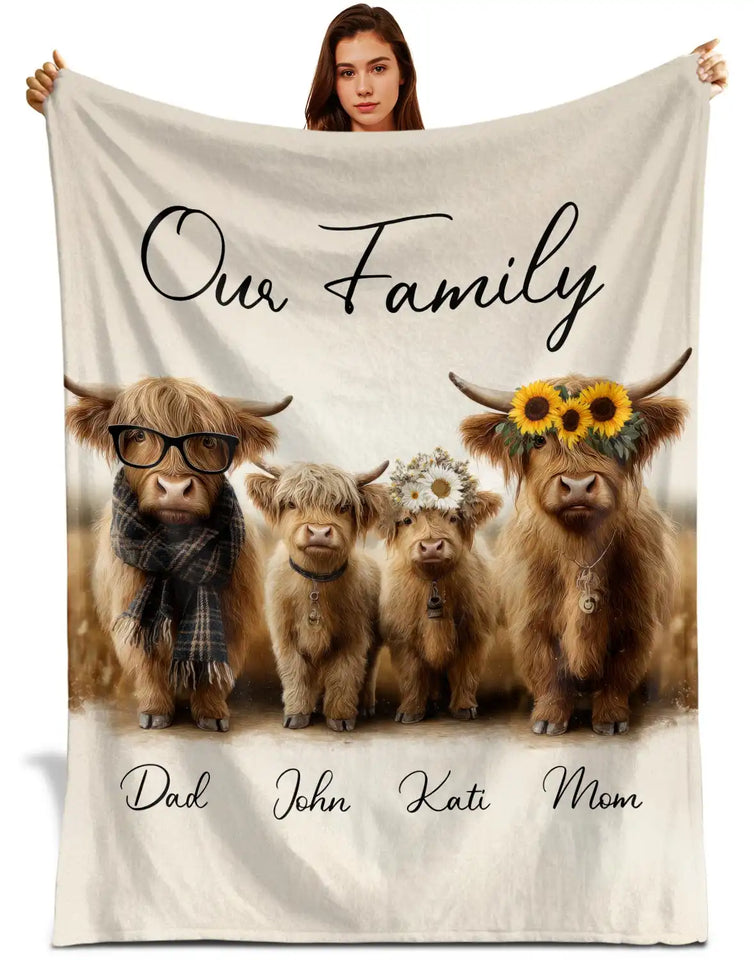 Personalized Highland Cow Family Blanket – Custom Names Family Gift