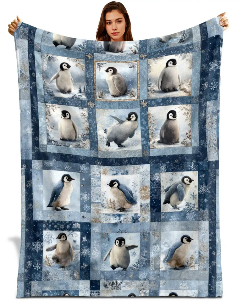Penguin Winter Blanket – Blue Snowflake Patchwork-Inspired Throw