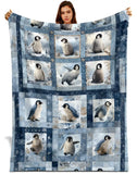 Penguin Winter Blanket – Blue Snowflake Patchwork-Inspired Throw