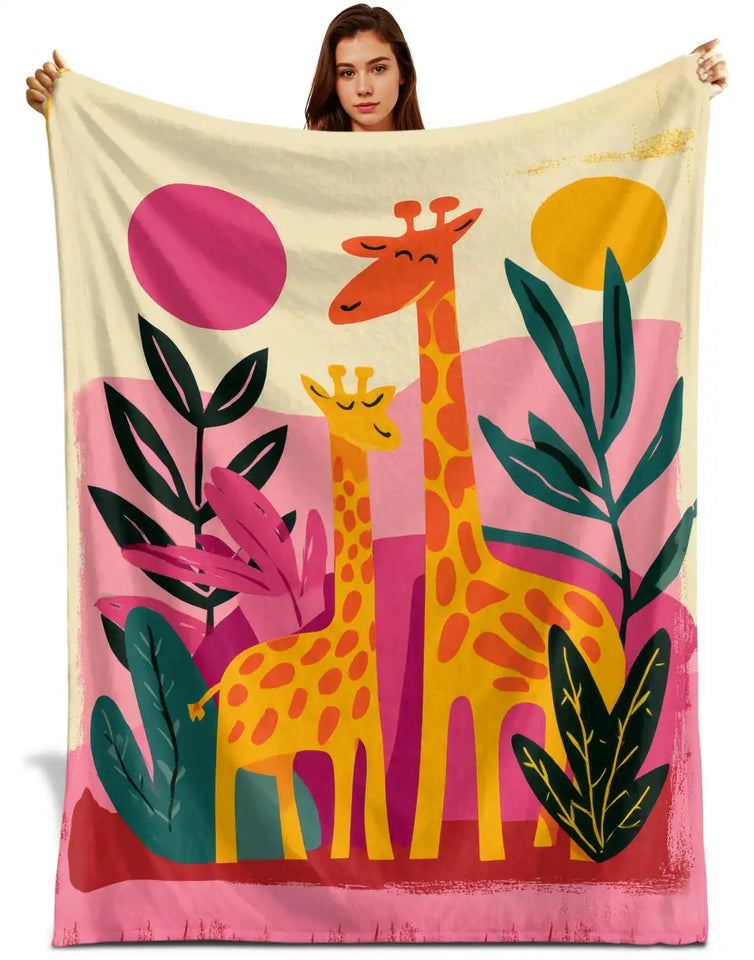 Retro Boho Giraffe Sherpa Blanket – Pink & Yellow Modern Tropical Throw