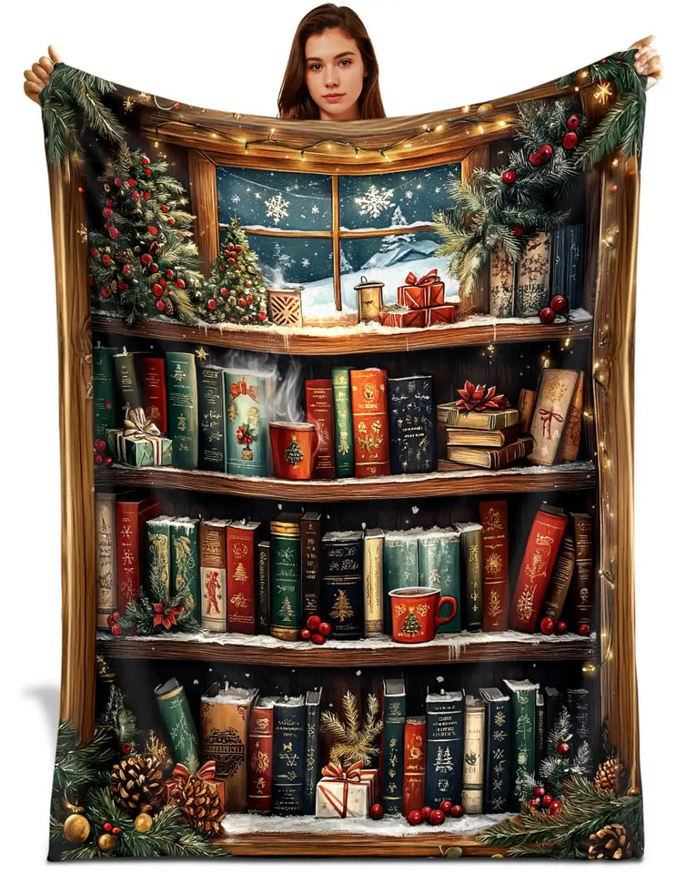 Christmas Bookshelf Blanket – Vintage Library Winter Holiday Throw for Book Lovers