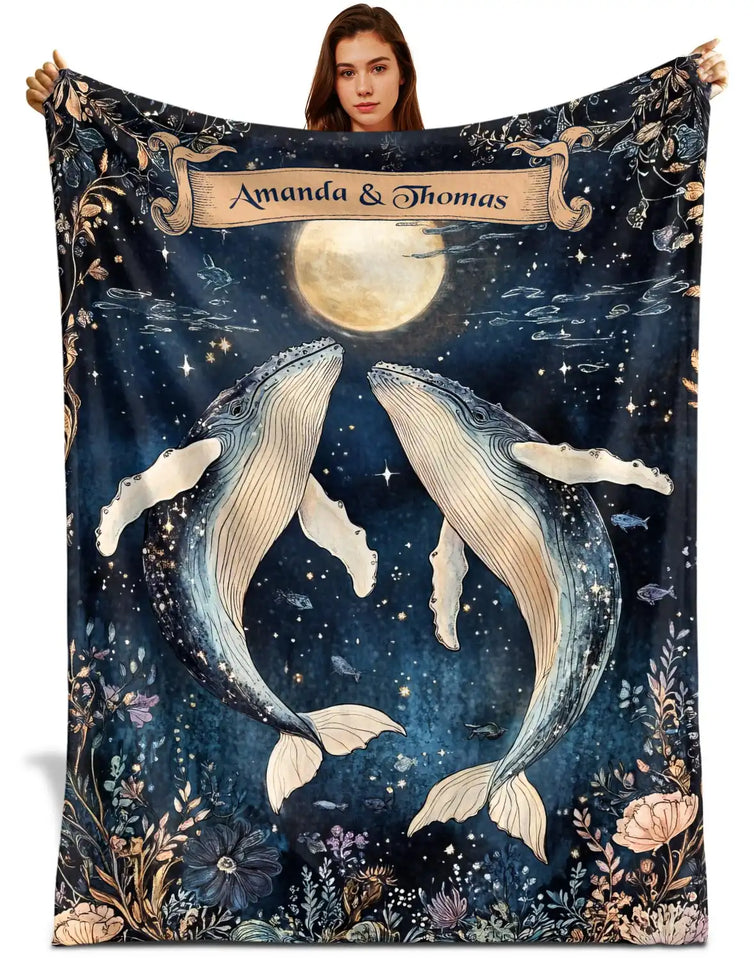 Personalized Whale Couple Blanket – Custom Names Moonlit Ocean Gift