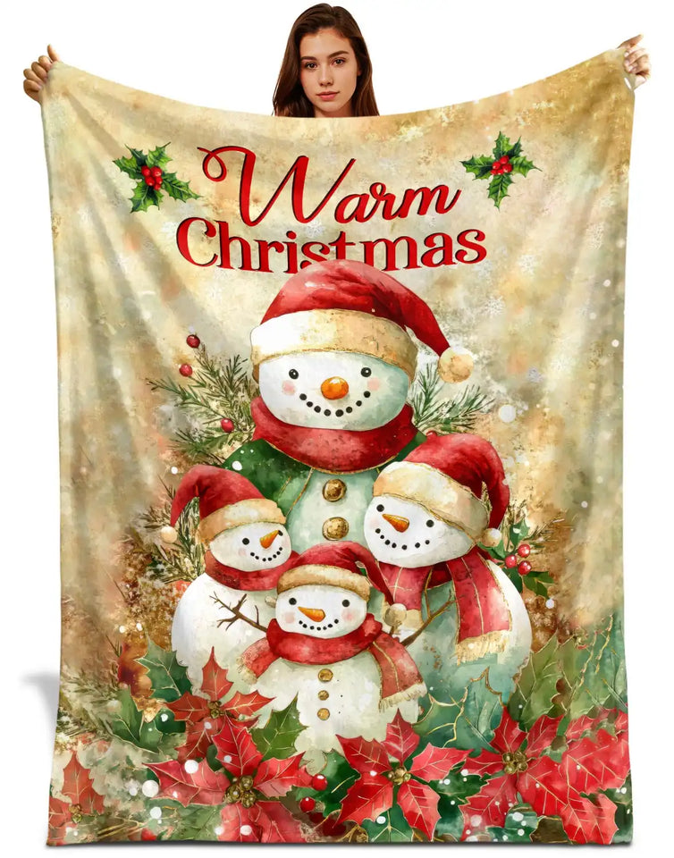 Warm Christmas Snowman Family Blanket – Rustic Poinsettia Holiday Throw