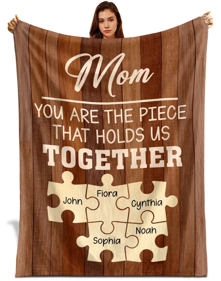 Personalized Mom Blanket – Custom Family Names Puzzle Piece Gift