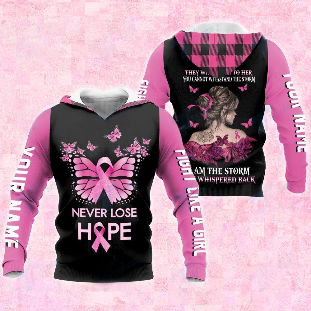 October Pink For Girl Woman Breast Butterfly Never Lose Hope Personalized Name All Over Print Unisex Hoodie