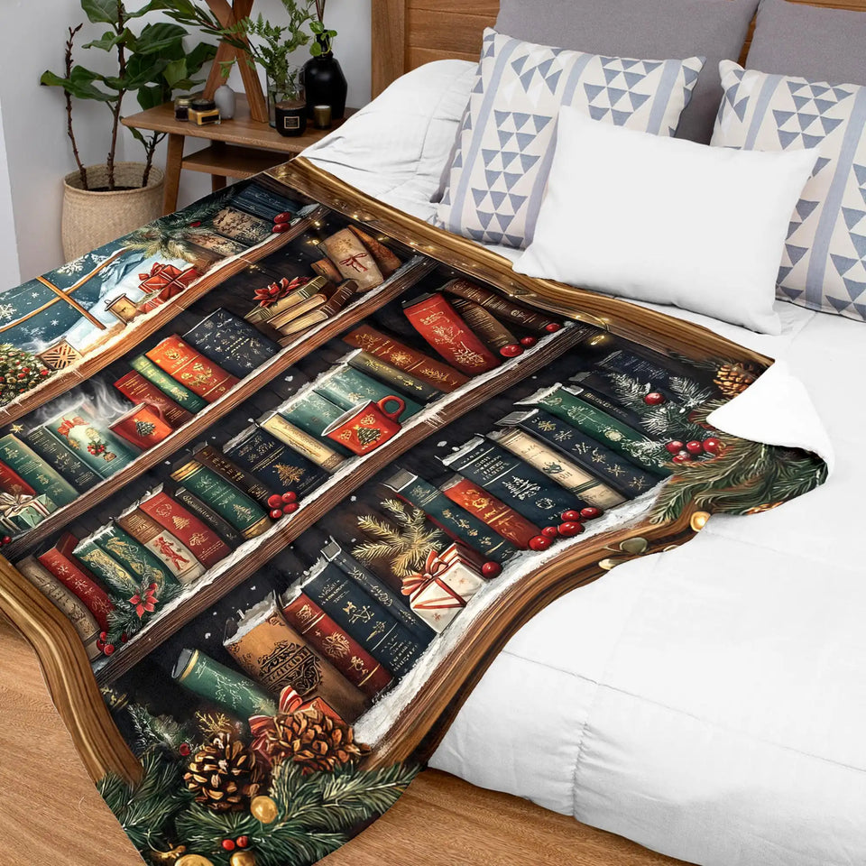 Christmas Bookshelf Blanket – Vintage Library Winter Holiday Throw for Book Lovers