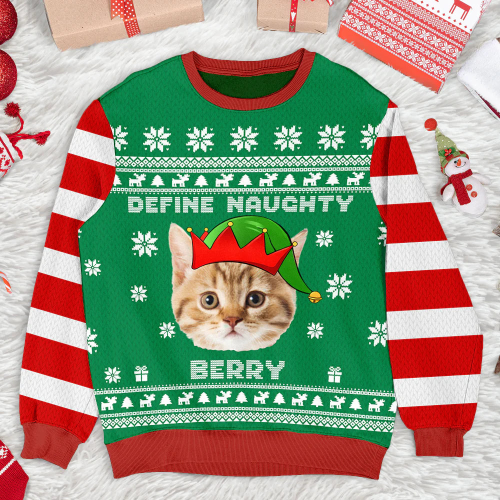 Define Naughty Photo Ugly Christmas Sweatshirt, Christmas Gift - Personalized Custom Photo - Christmas Gift For Pet Lovers, Pet Lovers