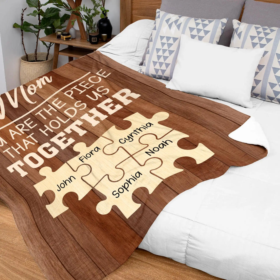 Personalized Mom Blanket – Custom Family Names Puzzle Piece Gift